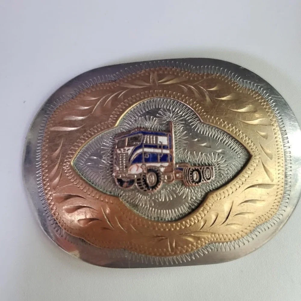 Western Flair German Silver Semi Truck Belt Buckle Colorado Springs Vintage